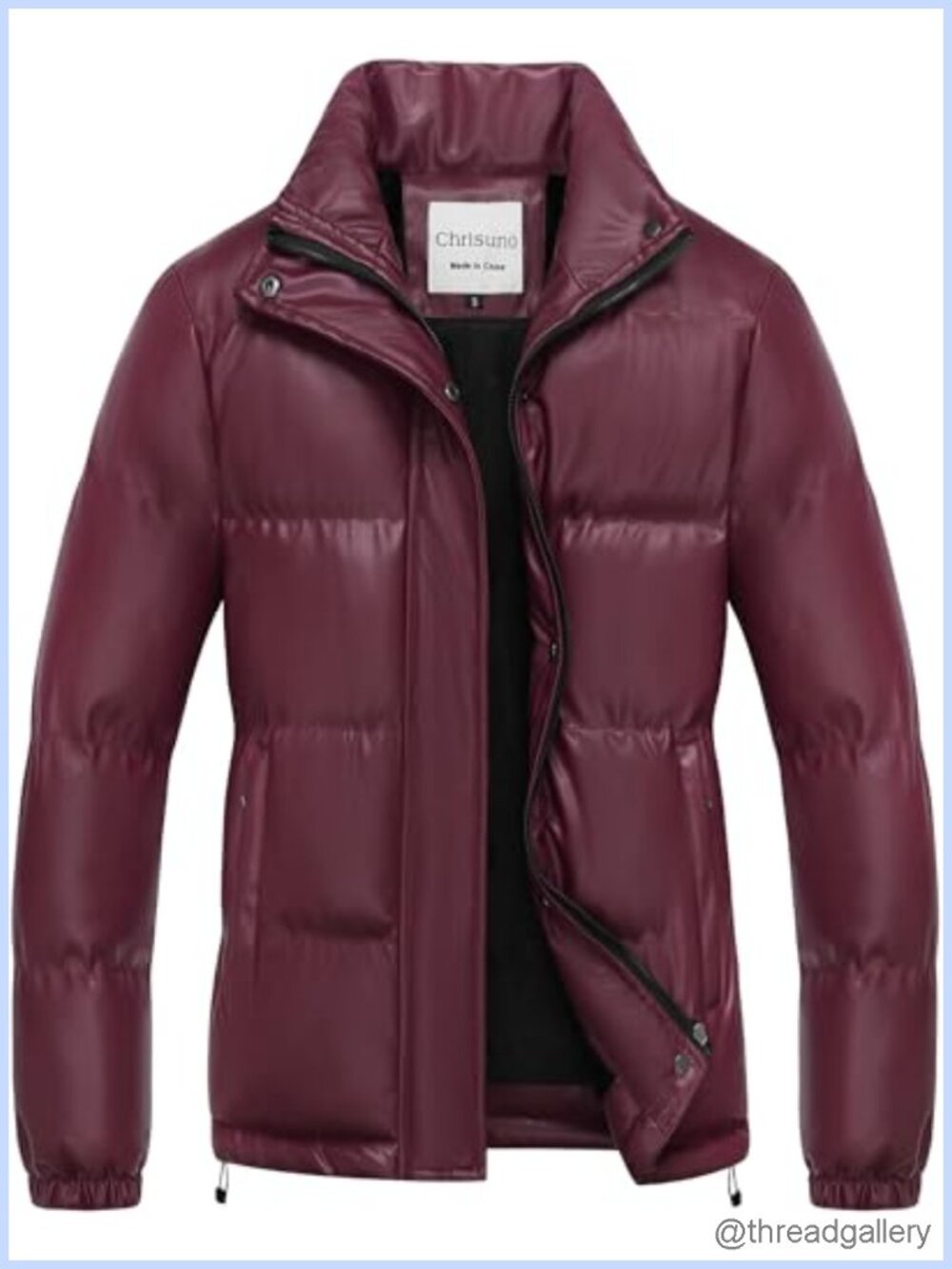 Faux-Leather Puffer Jacket Fleece Lined Waterproof Winter Coat with Zipper